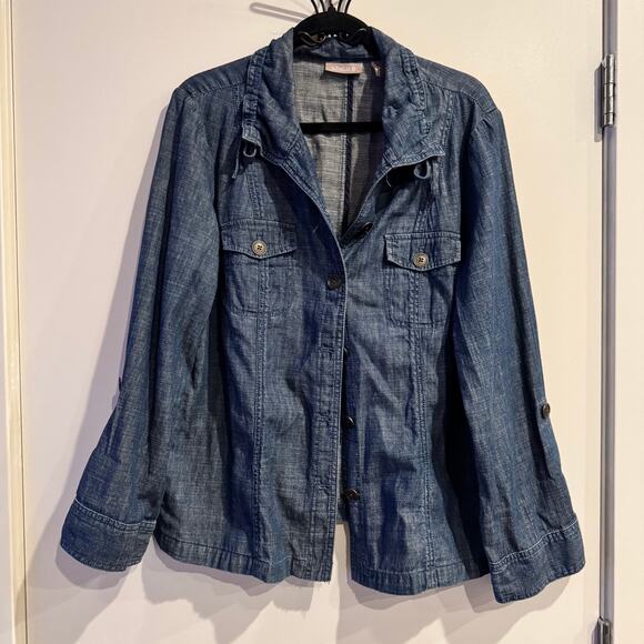Chico's Denim Jacket Blue Drawstring Collar Button Up Roll Tab Long Sleeve Sz L - Picture 1 of 5